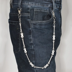 Punk silver bone-style double layered metal pant chain with spring clasps on denim jeans