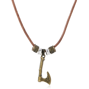 Vintage Nordic Viking axe pendant with brown leather cord and antique bronze beads