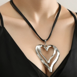 Women Fashion Alloy Heart Pendant Necklace Retro Black Wax Cord Multilayer Choker Sweater Chain Casual Jewelry Accessories Gift