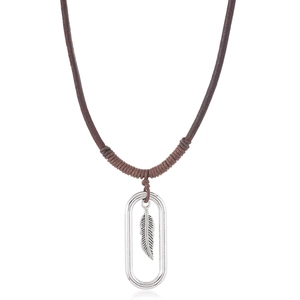Retro braided leather necklace with vintage feather pendant and adjustable silver oval ring