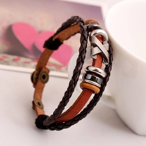Retro multilayer genuine leather beaded bracelet with metal X charm and snap button closure