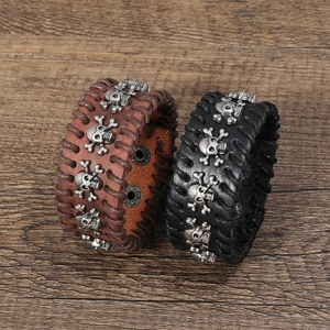Retro punk leather bracelets with skull rivets and hand-stitched detailing for men