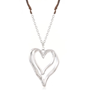 Vintage heart pendant necklace with silver layered hearts and brown woven cord