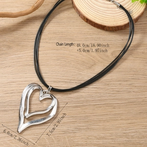 Double-layered silver alloy heart pendant necklace on black wax cord with size details