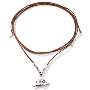 Silver heart-shaped leaf pendant on a brown cord necklace with adjustable chain length