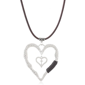 Collier avec pendentif coeur vintage en argent martelé et cordon en cuir marron