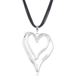 Double layered heart pendant necklace with black woven rope and silver tone finish