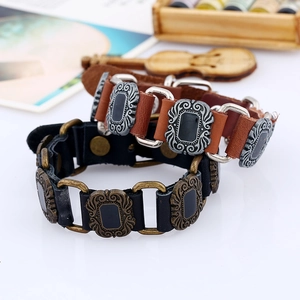 Punk style retro leather bracelet set in black and brown with vintage metal accents