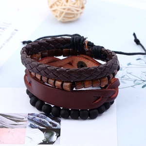 Vintage 4-piece men's leather bracelet set with braided straps and wooden beads
