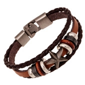 Detail of multi-layer leather bracelet featuring a metal star charm and clasp closure