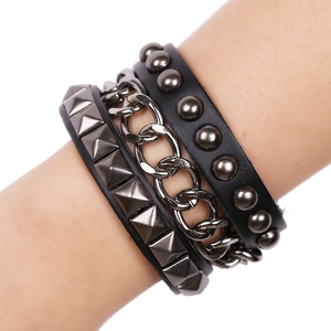 Punk Rock Herren Lederarmband Mehrlagig Nieten Kette Armband Handgefertigt Gothic Schmuck Geschenk Für Männer Schwarz Rindsleder