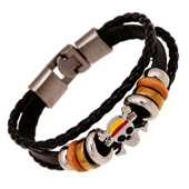 Detail of multi-layer leather bracelet featuring Straw Hat Pirates charm and metal clasp