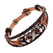 Close-up of men's multilayer brown and black leather bracelet with X metal charm