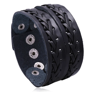 Men's Vintage Punk Braided Leather Bracelet Wide Multi-layer Wrap Wristband With Adjustable Metal Snaps Casual Fashion Jewelry