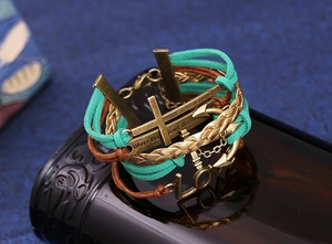 Dettaglio del bracciale multistrato in pelle stile boho con ciondoli LOVE e ancora
