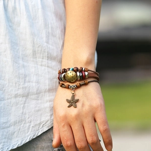 Bohemian multi-layer leather bracelet with wooden beads and starfish pendant for men