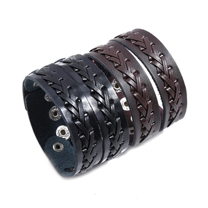Three men's woven genuine leather punk bracelets with adjustable metal snap buckles