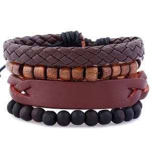 Vintage Men's Braided Leather Bracelet Set Bohemian Wood Beads Punk Wristband Handmade Jewelry Adjustable Ethnic Wristband