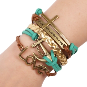 Bracciale Multistrato Intrecciato in Pelle Sintetica per Uomo Donna Retrò Lega Croce Ancora Amore Ciondolo Gioielli