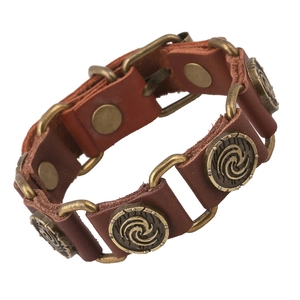 Vintage punk lederen armband met bronzen metalen schakels en spiraalvormige accenten
