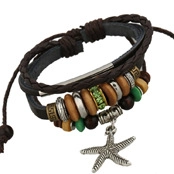 Detail of multi-layer braided leather bracelet with starfish charm and wooden beads