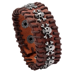 Men's Punk Rock Wide Cowhide Leather Bracelet With Silver Metal Skull Rivets Hand-stitched Retro Gothic Cuff Wristband