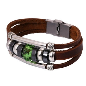 Vintage Punk Multi Layer Top Grain Cowhide Leather Bracelet For Men Women Handmade Alloy Beaded Geometric Charm Wristband Gift