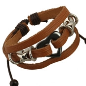 Close-up of brown leather multi-layer bracelet with silver heart and infinity charms