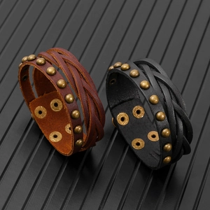 Retro multi-layer braided leather bracelets for men with brass rivets and snap closure