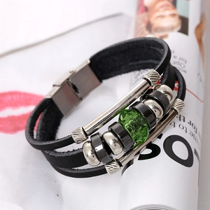 Retro multilayer leather beaded bracelet with a green gemstone and metal accents