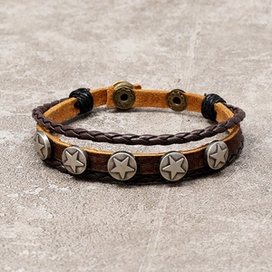 Retro multi-layer woven leather bracelet with five silver pentagram metal star ornaments