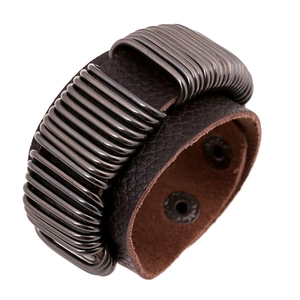 Punk Genuine Leather Bracelet For Men Women Cowhide Bangle With Metal Rings Gothic Vintage Handmade Adjustable Jewelry