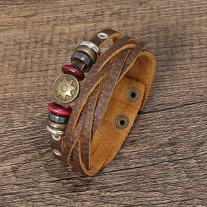 Brown litchi grain leather multilayer bracelet with sun motif antique metal plaque