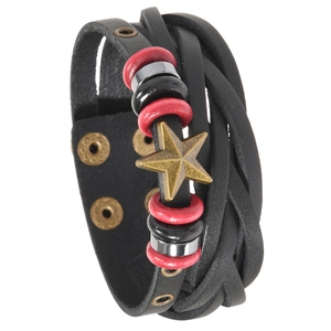 Retro multi-layer woven black leather bracelet with red beads and bronze star charm
