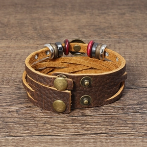 Vintage brown lychee grain leather multi-layer wrap bracelet with bronze snap buckles