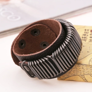 Industrial punk style black genuine leather bracelet with metal spring coil rings