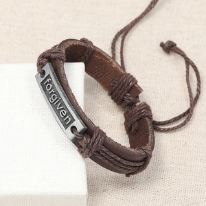 Vintage brown leather multilayer bracelet with engraved forgiven silver metal plate