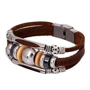 Vintage Multilayer Braided Cowhide Bracelet For Men Women Alloy Wood Beads Ethnic Punk Style Handmade Jewelry Wristband
