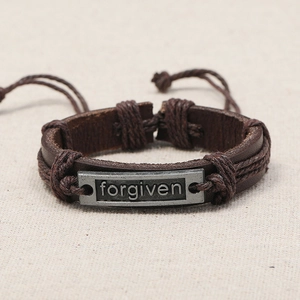 Forgiven engraved metal plate on vintage multi-layer braided brown leather bracelet