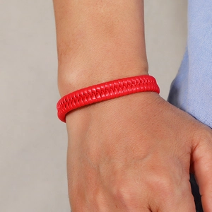 Handmade red braided leather bracelet with high-quality weave for punk fashion style