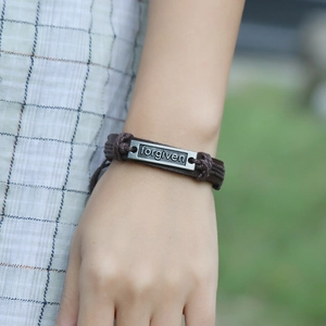 Forgiven engraved alloy plate braided leather multilayer bracelet with adjustable cord
