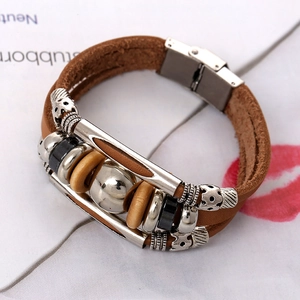 Multilayer brown leather bracelet with wooden beads and magnetic buckle closure
