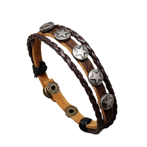 Vintage braided leather bracelet with five-pointed star metal studs and adjustable snap