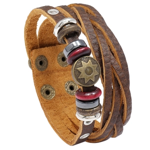 Retro Leather Multi Layer Wrap Bracelet For Men Women Vintage Punk Cowhide Cuff Handband Bronze Star Charm Ethnic Jewelry