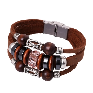 Punk Retro Braided Leather Bracelet Bohemian Multilayer Wood Beads Bracelet Handmade Geometric Bangle Men Women Fashion Jewelry