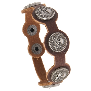 Bracelet punk en cuir marron avec emblèmes tête de mort et fermoir ajustable