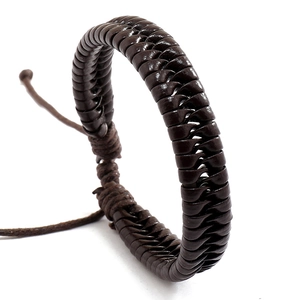 Handmade woven dark brown leather bracelet for men with adjustable cord closure