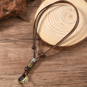 Retro adjustable leather necklace with bronze ring pendant and Roman numeral engravings