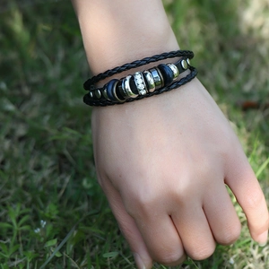 Adjustable multi-layer braided leather bracelet for couples with metal and wooden beads