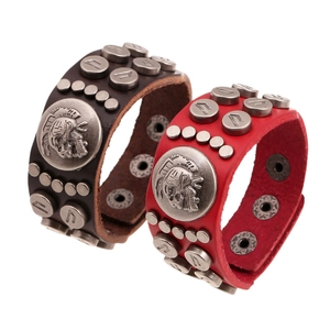 Bracelet en Cuir Véritable Punk pour Hommes Femmes Rétro Crâne Guerrier Relief Rivet Manchette Réglable Rock Gothique Bijoux